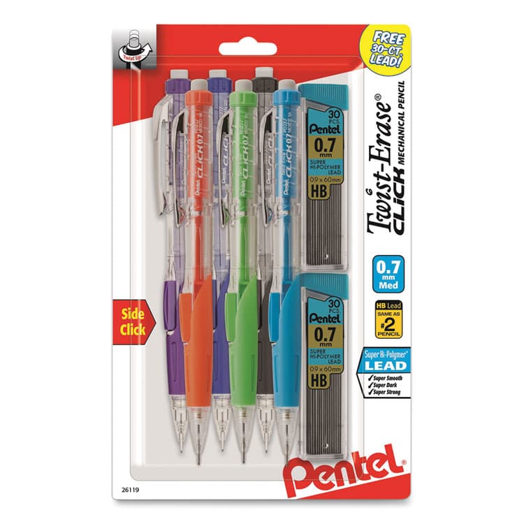 PENTEL OF AMERICA Twist-Erase CLICK Mechanical Pencil, 0.7 mm, HB (#2), Black Lead, Assorted Barrel Colors, 6/Pack (PENPD277TLBPS6M)