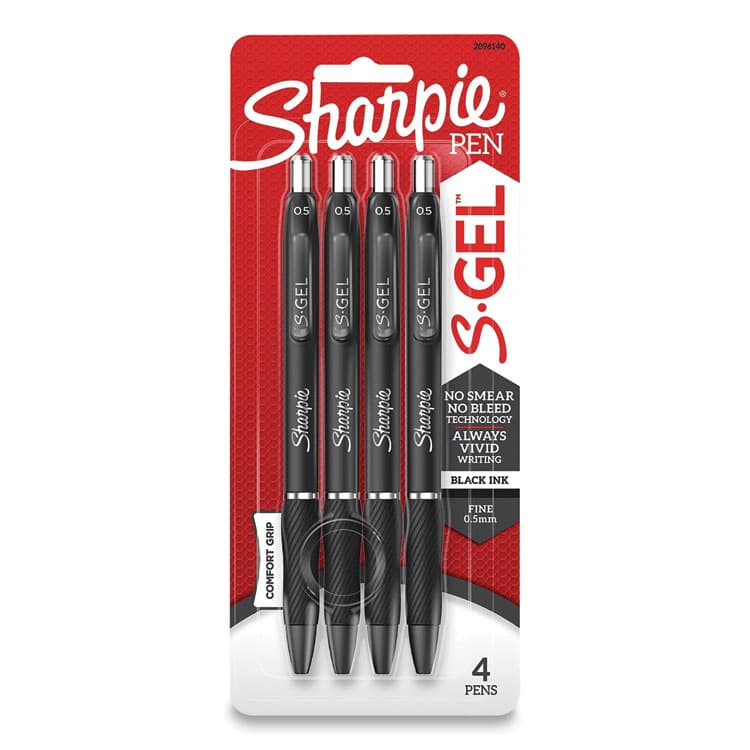 SANFORD S-Gel High-Performance Gel Pen, Retractable, Fine 0.5 mm, Black Ink, Black Barrel, 4/Pack (SAN2096140)