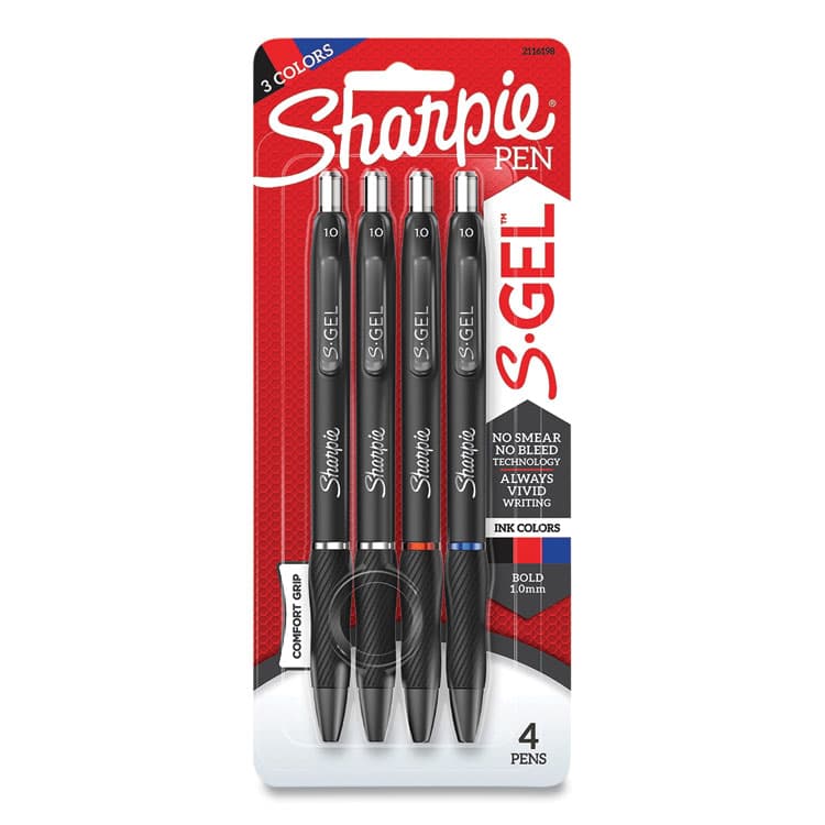 SANFORD S-Gel High-Performance Gel Pen, Retractable, Bold 1 mm, Assorted Ink Colors, Black Barrel, 4/Pack (SAN2116198)
