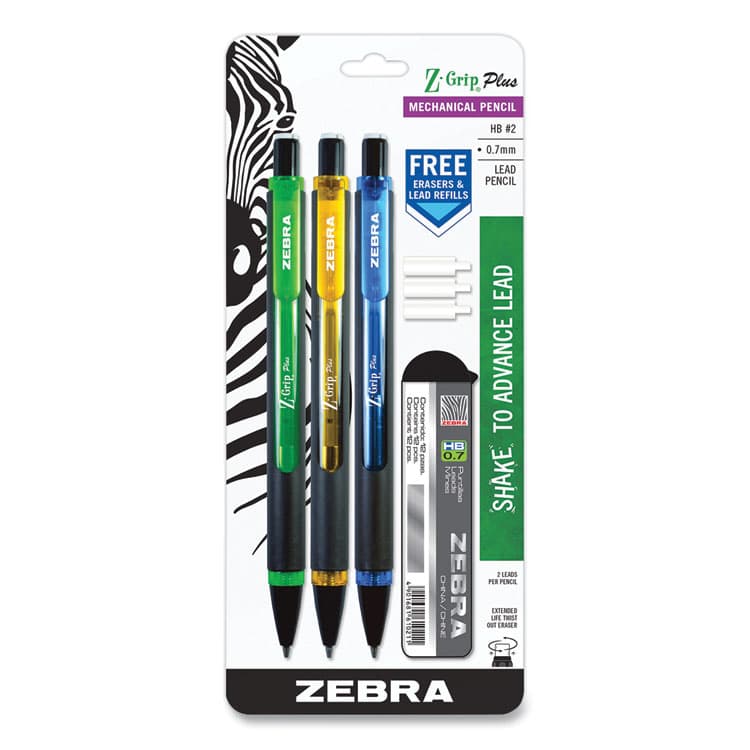 ZEBRA PEN CORP. Z-Grip Plus Mechanical Pencil, 0.7mm, HB (#2), Black Lead, Assorted Barrel Colors, 3/Pack (ZEB55403)
