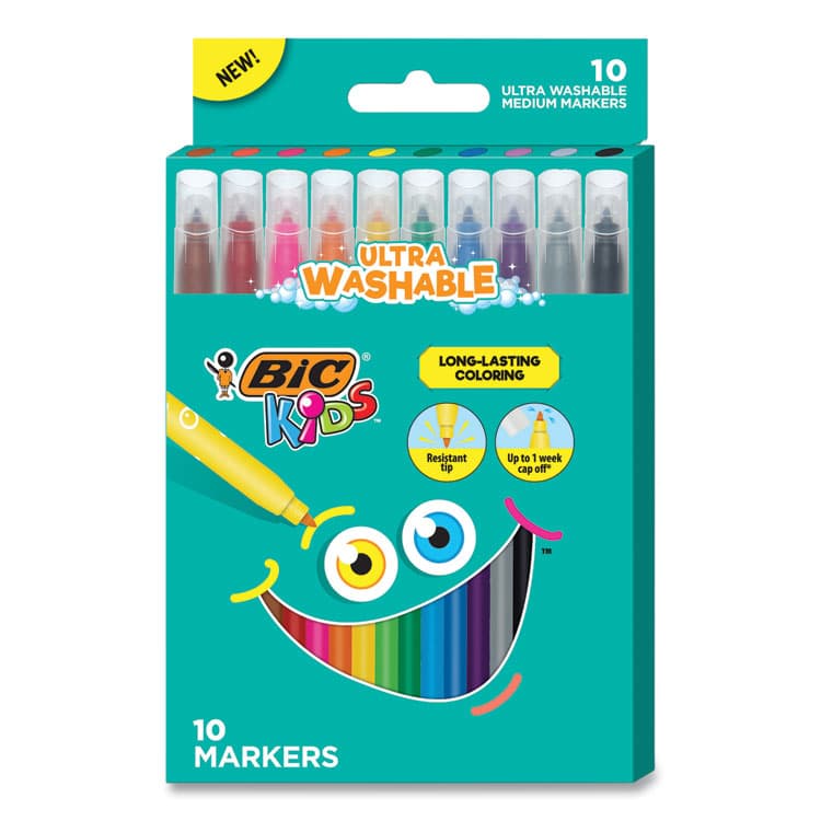 BIC CORP. Kids Ultra Washable Markers, Medium Bullet Tip, Assorted Colors, 10/Pack (BICBKCM10AST)