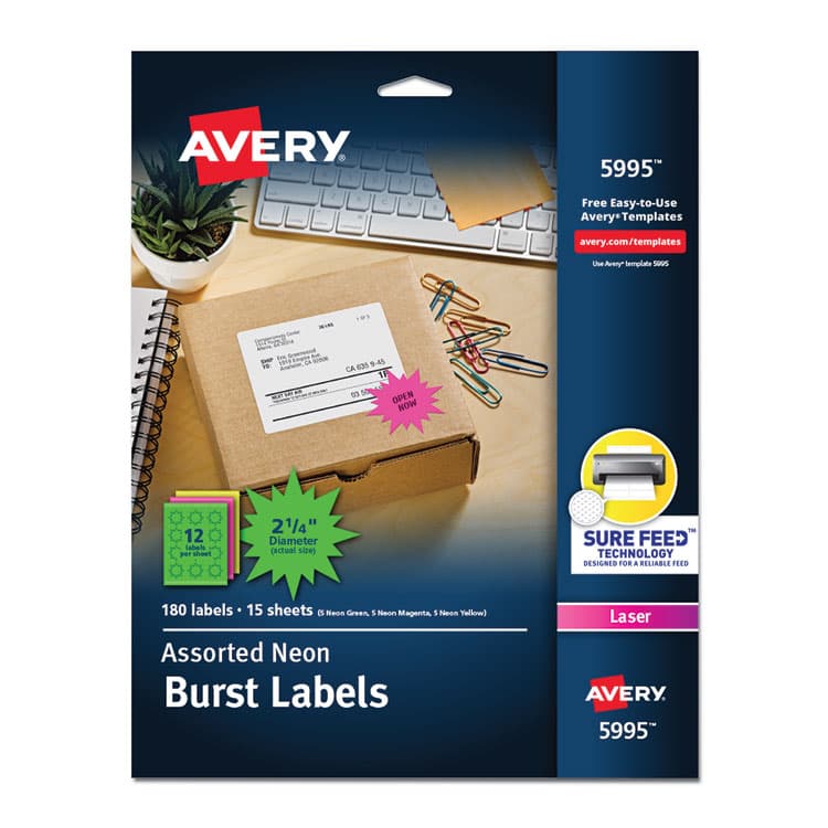 AVERY PRODUCTS CORPORATION High-Visibility ID Labels, Laser Printers, 2.25" dia, Assorted, 12/Sheet, 15 Sheets/Pack (AVE5995)