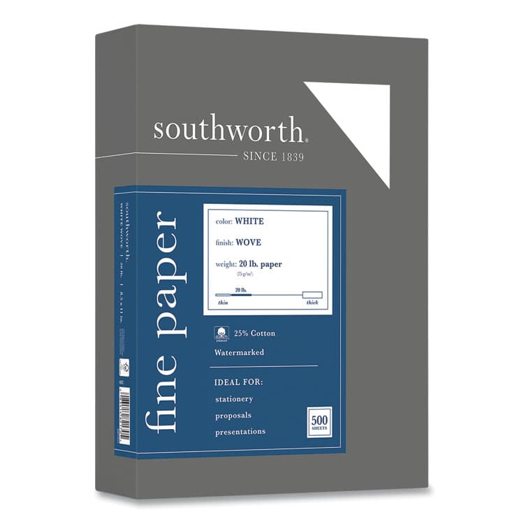 SOUTHWORTH CO. 25% Cotton Business Paper, 95 Bright, 20 lb Bond Weight, 8.5 x 11, White, 500 Sheets/Ream (SOU403C)
