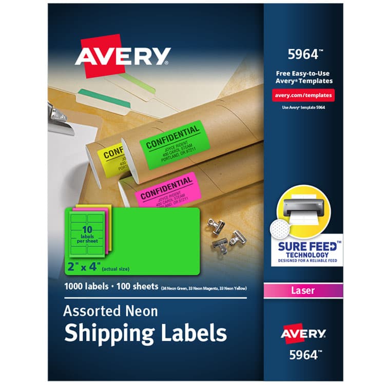 AVERY PRODUCTS CORPORATION High-Visibility Permanent Laser ID Labels, 2 x 4, Neon Assorted, 1000/Box (AVE5964)