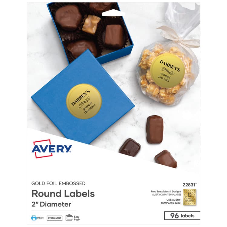 AVERY PRODUCTS CORPORATION Round Labels, Inkjet Printers, 2" dia, Gold, 12/Sheet, 8 Sheets/Pack (AVE22831)