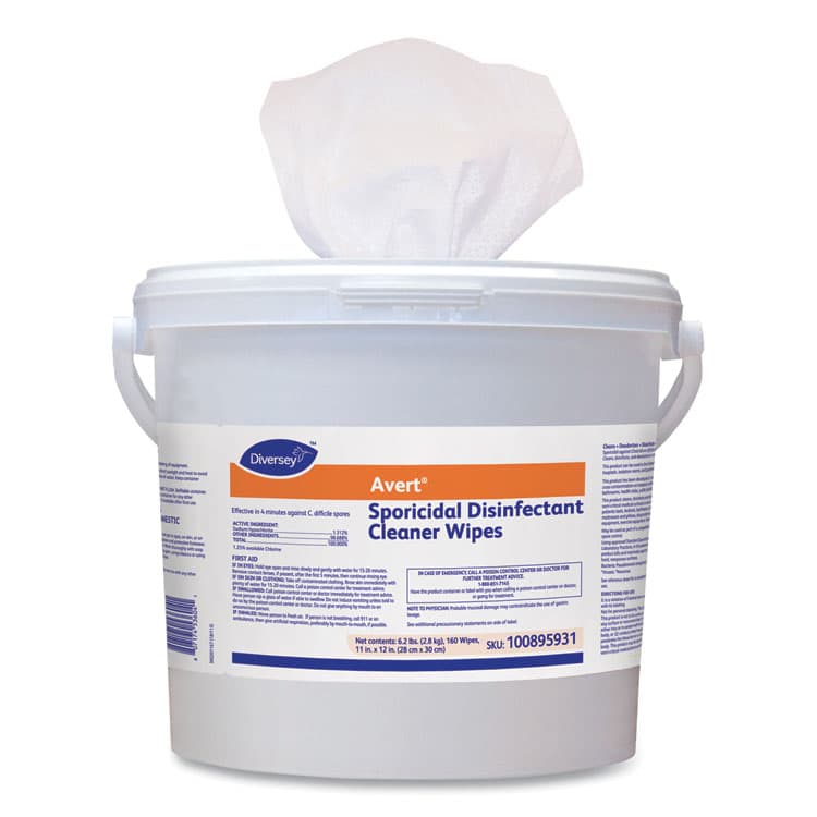 DIVERSEY Avert Sporicidal Disinfectant Cleaner Wipes, 1-Ply, 11 x 12, Chlorine Scent, 160/Canister, 4 Canisters/Carton (DVO100895931)