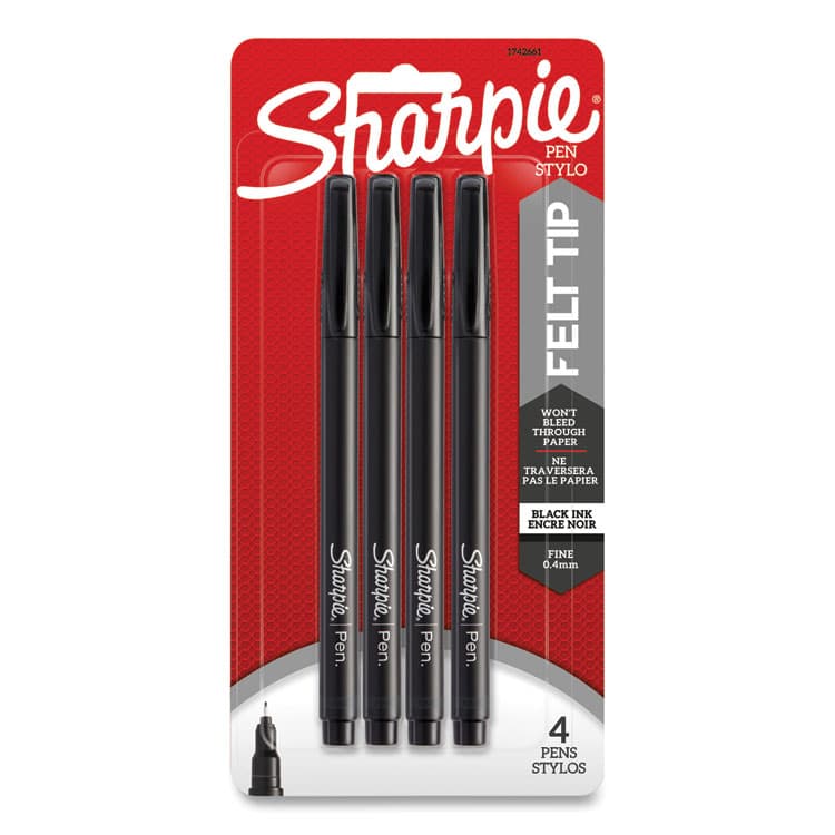 SANFORD Water-Resistant Ink Porous Point Pen, Stick, Fine 0.4 mm, Black Ink, Black Barrel, 4/Pack (SAN1742661)