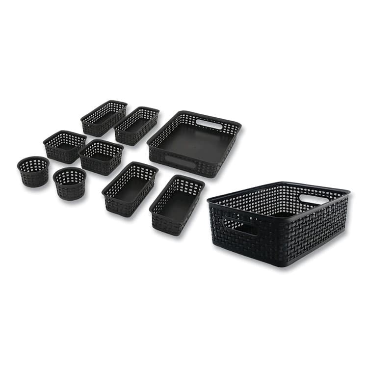 ADVANTUS CORPORATION Plastic Weave Basket Bins, Assorted Sizes, Black, 10/Pack (AVT38398)