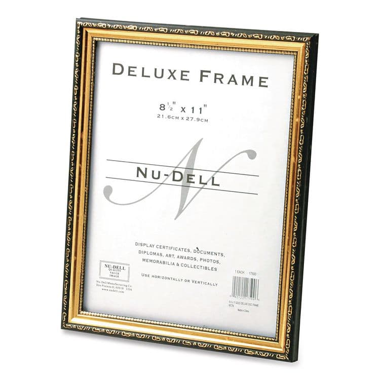 NU-DELL MANUFACTURING Deluxe Document and Photo Frame, Molded Styrene/Plastic, 8.5 x 11 Insert, Gold/Black (NUD17500)