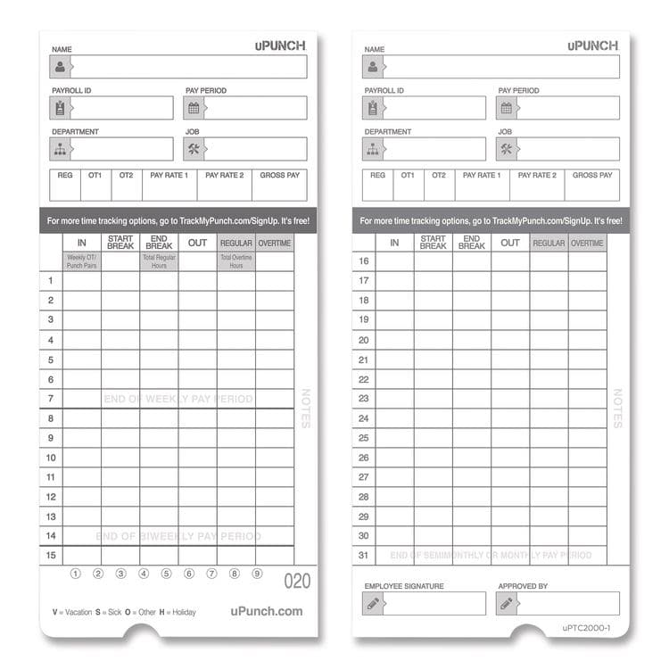 WORKWELL TECHNOLOGIES Time Clock Cards for uPunch HN4000, Two Sides, 7.37 x 3.37, 50/Pack (PPZHNTCL2050) thumbnail 4