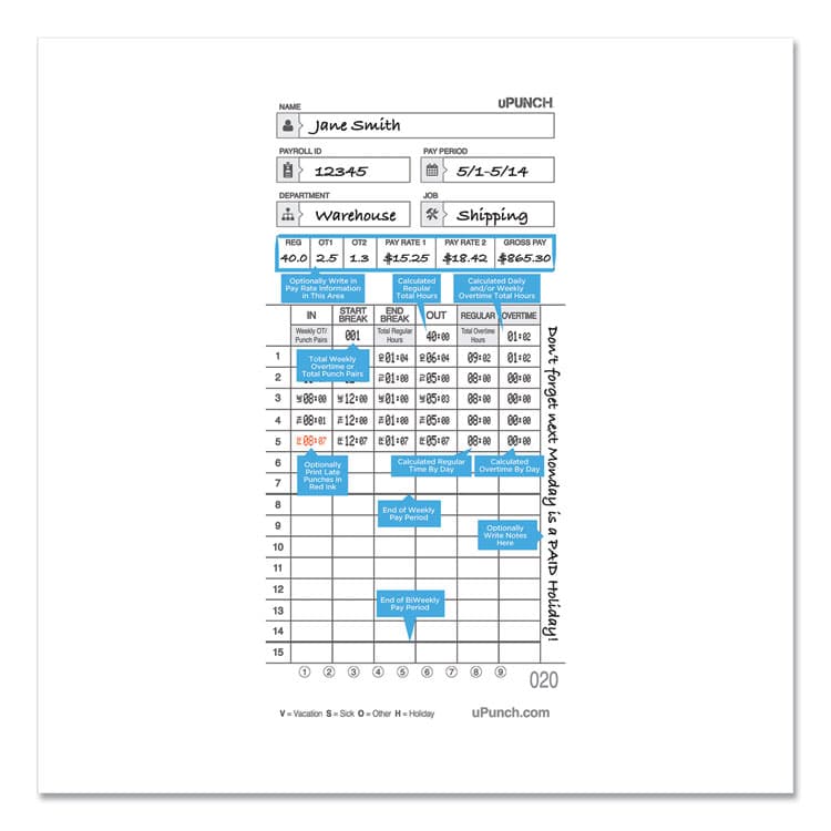 WORKWELL TECHNOLOGIES Time Clock Cards for uPunch HN4000, Two Sides, 7.37 x 3.37, 50/Pack (PPZHNTCL2050) thumbnail 2