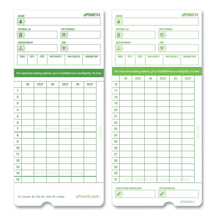 WORKWELL TECHNOLOGIES Time Clock Cards for uPunch HN3000, Two Sides, 7.37 x 3.37, 50/Pack (PPZHNTCG1050) thumbnail 2