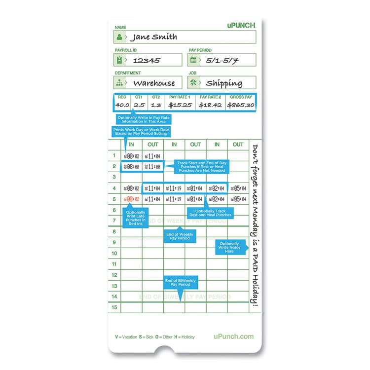 WORKWELL TECHNOLOGIES Time Clock Cards for uPunch HN3000, Two Sides, 7.37 x 3.37, 50/Pack (PPZHNTCG1050) thumbnail 3