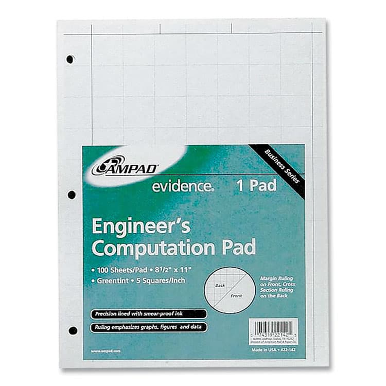 AMPAD/DIV. OF AMERCN PD&PPR Evidence Engineer's Computation Pad, Quadrille Rule (5 sq/in, 1 sq/in), (100) Green-Tint 8.5 x 11 Sheets (AMP22142)