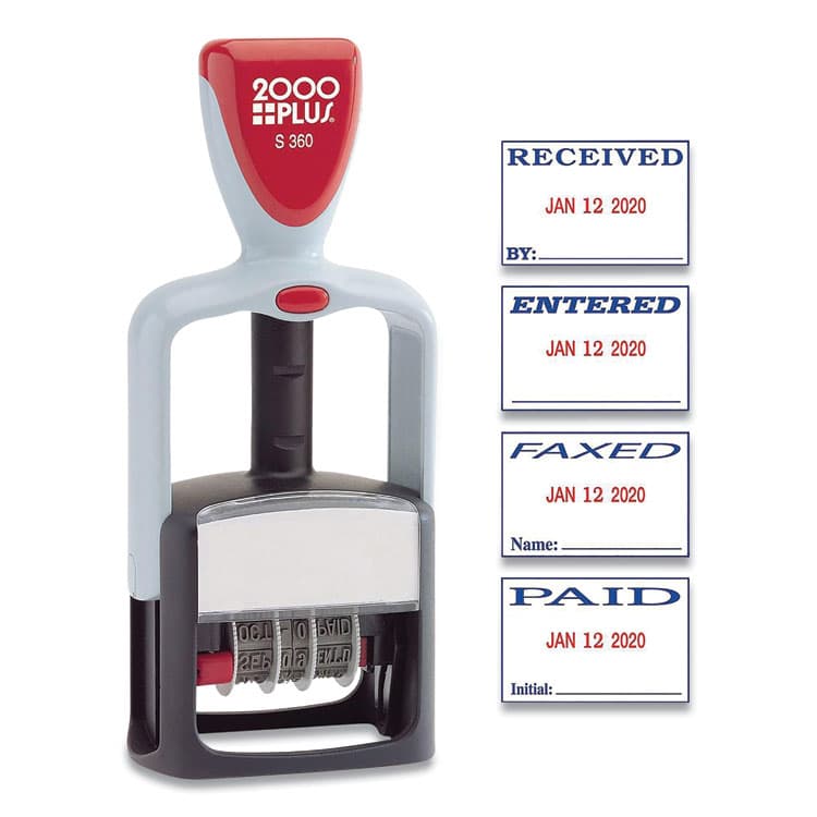 CONSOLIDATED STAMP Model S 360 Self-Inking Two-Color Message Dater, 5 Years, ENTERED/FAXED/PAID/RECEIVED, 1.81" x 1.25", Blue/Red Ink (COS032519)
