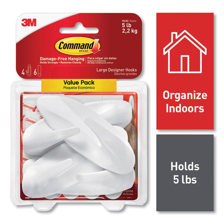 3M/COMMERCIAL TAPE DIV. Large Utility Hooks, Plastic, White, Supports 5 lb, 4/Pack (MMM170834ES)