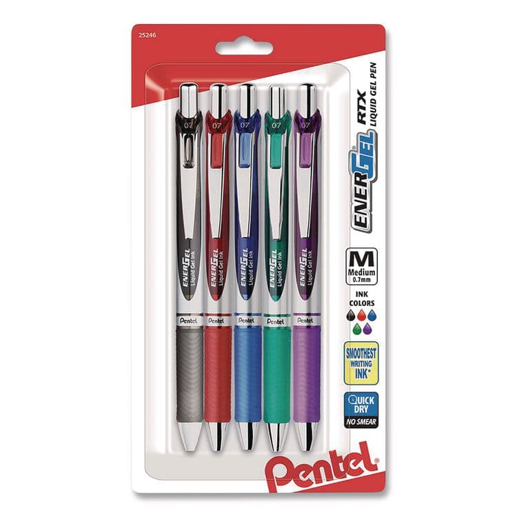 PENTEL OF AMERICA EnerGel RTX Gel Pen, Retractable, Medium 0.7 mm, Assorted Ink and Barrel Colors, 5/Pack (PENBL77BP5M)