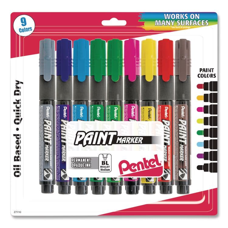 PENTEL OF AMERICA Opaque Bullet Tip Paint Markers, Medium Bullet Tip, Assorted Colors, 9/Pack (PENMMP20BP9M)