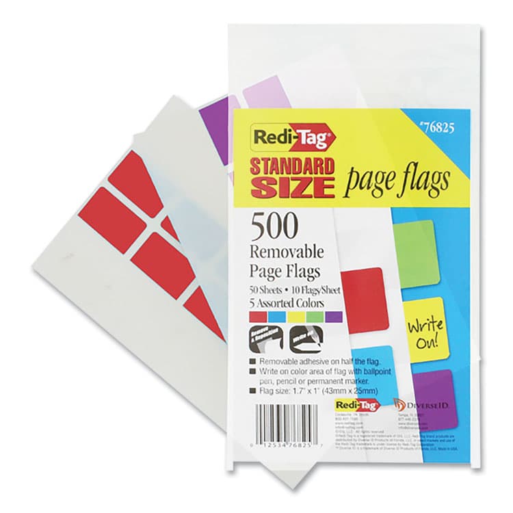 REDI-TAG CORPORATION Removable Page Flags, Red/Blue/Green/Yellow/Purple, 100/Color, 500/Pack (RTG76825)