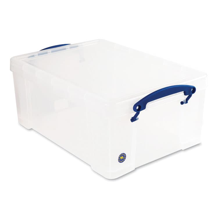 REALLY USEFUL BOXES . Snap-Lid Storage Bin, 2.38 gal, 10.25" x 14.5" x 6.25", Clear/Blue (RUA9LITRECLEAR)