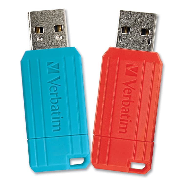 VERBATIM CORPORATION PinStripe USB 2.0 Flash Drive, 64 GB, Caribbean Blue/Red, 2/Pack (VER70059)