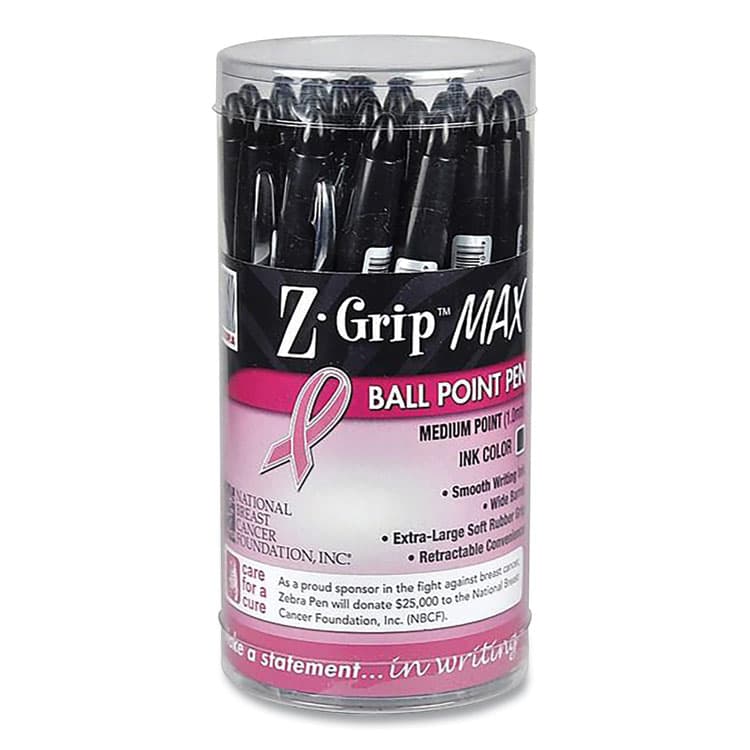 ZEBRA PEN CORP. Z-Grip MAX Breast Cancer Awareness Ballpoint Pen, Retractable, Bold 1.2 mm, Black Ink, Silver/Black Barrel, 24/Pack (ZEB32577)