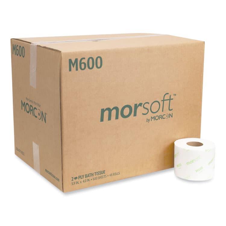 MORCON Morsoft Controlled Bath Tissue, Septic Safe, 2-Ply, White, 600 Sheets/Roll, 48 Rolls/Carton (MORM600)