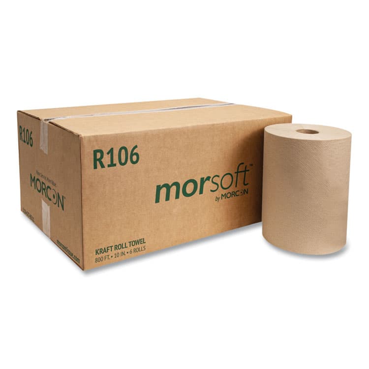 MORCON 10 Inch Roll Towels, 1-Ply, 10" x 800 ft, Kraft, 6 Rolls/Carton (MORR106)