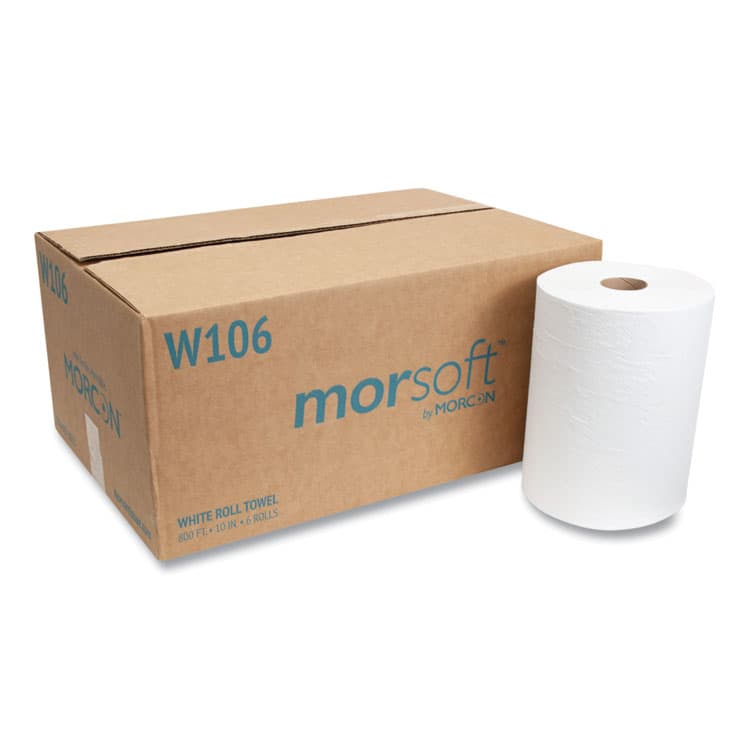 MORCON 10 Inch Roll Towels, 1-Ply, 10" x 800 ft, White, 6 Rolls/Carton (MORW106)