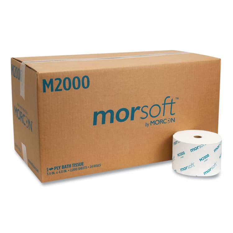 MORCON Small Core Bath Tissue, Septic Safe, 1-Ply, White, 2,000 Sheets/Roll, 24 Rolls/Carton (MORM2000)