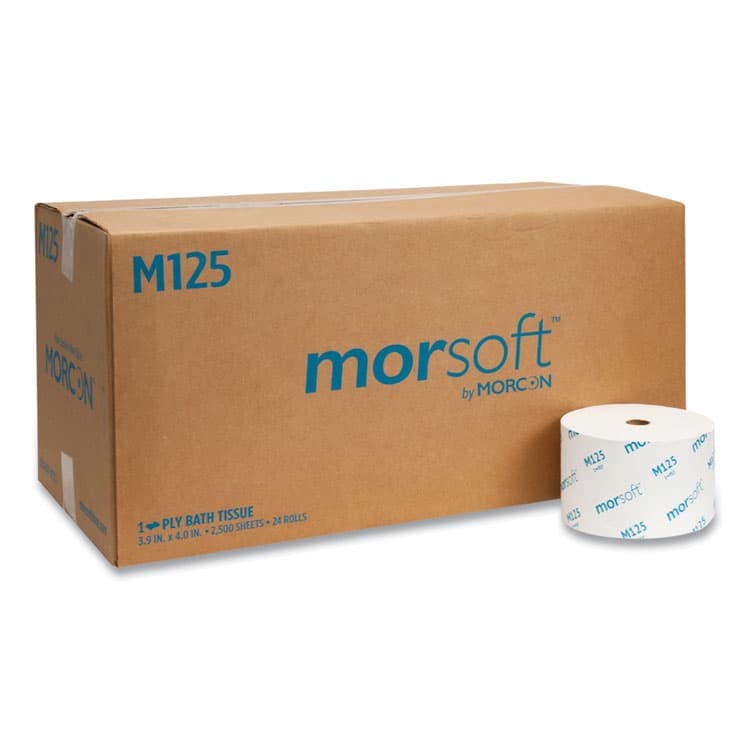 MORCON Small Core Bath Tissue, Septic Safe, 1-Ply, White, 2,500 Sheets/Roll, 24 Rolls/Carton (MORM125)