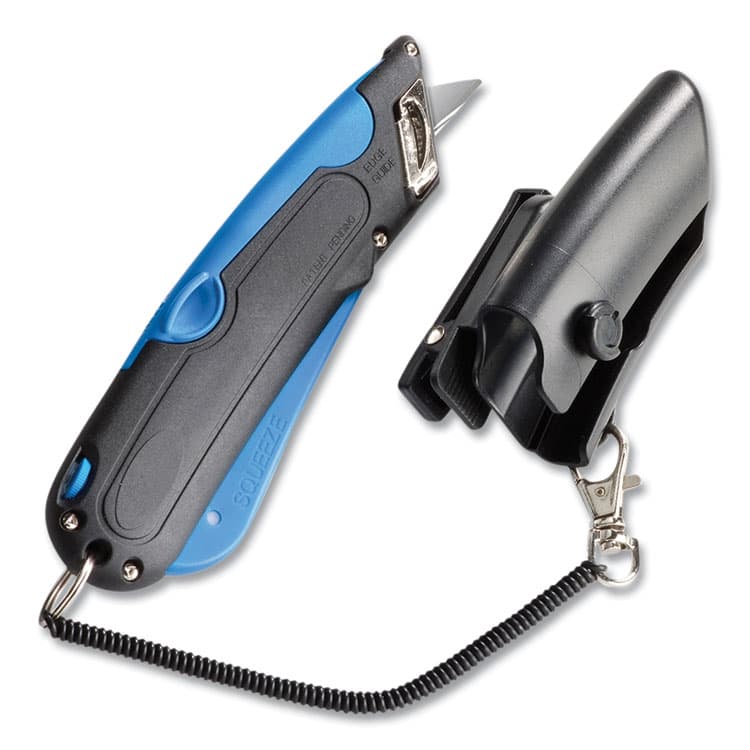 CONSOLIDATED STAMP Easycut Self-Retracting Cutter with Safety-Tip Blade, Holster and Lanyard, 6" Plastic Handle, Black/Blue (COS091524) thumbnail 3
