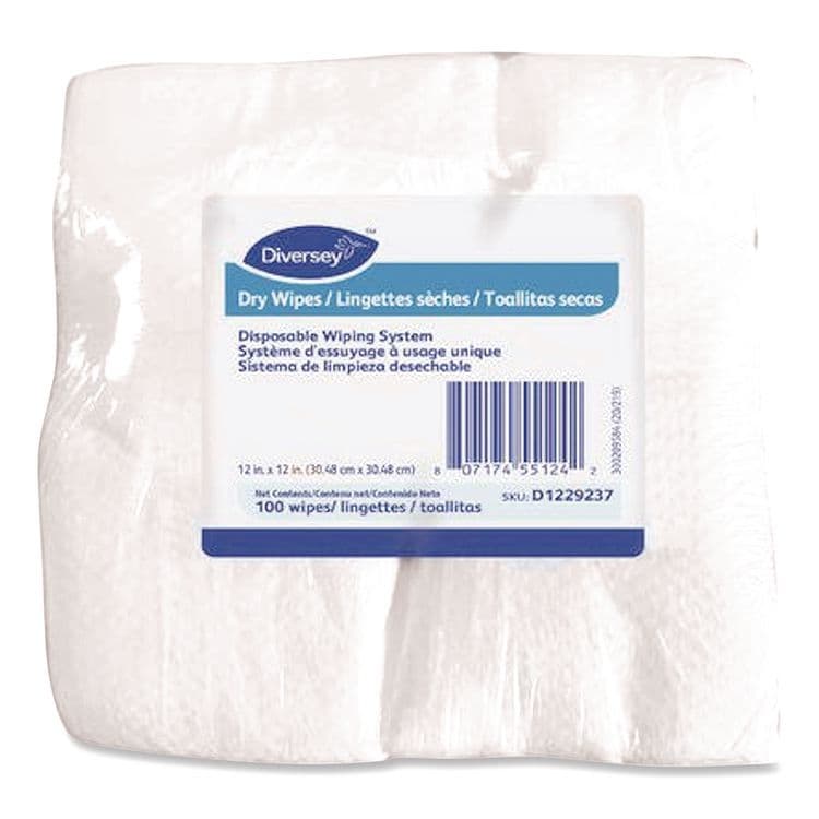 DIVERSEY Dry Wipe Disposable Wiping System, 1-Ply, 12 x 12, Unscented, White, 100/Pack, 6 Packs/Carton (DVOD1229237)
