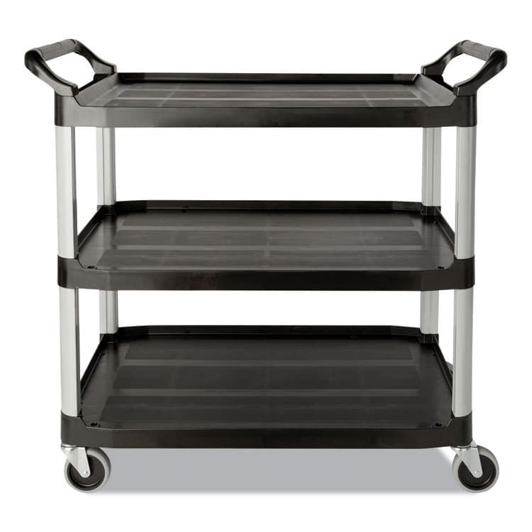 RUBBERMAID COMMERCIAL PROD. Three-Shelf Service Cart, Plastic, 3 Shelves, 200 lb Capacity, 18.63" x 33.63" x 37.75", Black (RCP342488BLA)