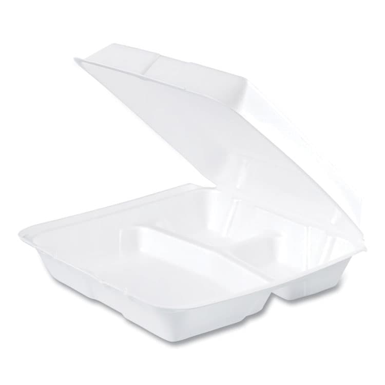 DART Foam Hinged Lid Containers, 3 Compartments, 9.25 x 9.5 x 3, White, 100/Sleeve, 2 Sleeves/Carton (DCC95HT3R)