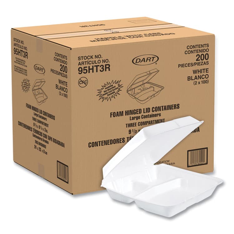 DART Foam Hinged Lid Containers, 3 Compartments, 9.25 x 9.5 x 3, White, 100/Sleeve, 2 Sleeves/Carton (DCC95HT3R) thumbnail 2
