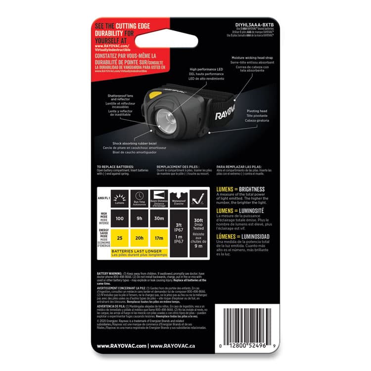 RAY-O-VAC Virtually Indestructible LED Headlight, 3 AAA Batteries (Included), 30 m Projection, Black (RAYDIYHL3AAABTA) thumbnail 3