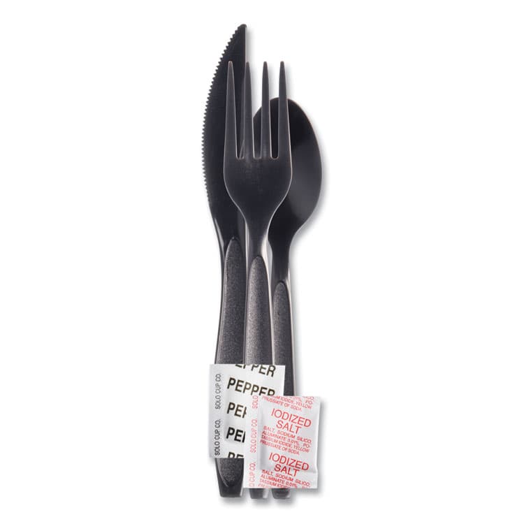 DART Reliance Mediumweight Cutlery Kit, Fork/Knife/Napkin/Pepper/Salt/Spoon, Plastic, Black, 250/Carton (SCCRSK8Y0004)