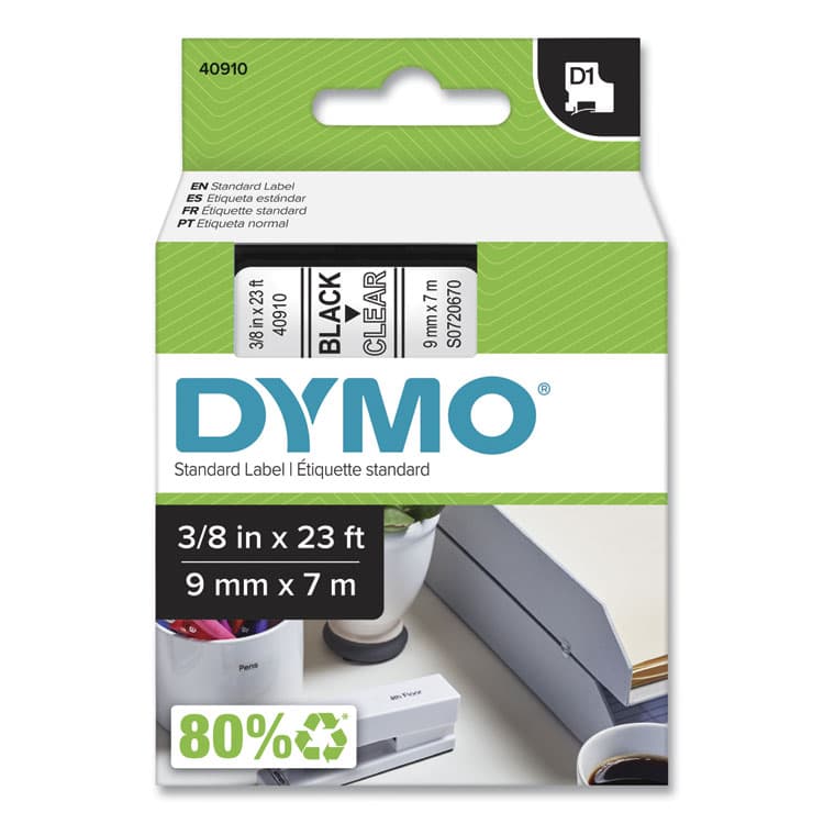 DYMO D1 High-Performance Polyester Removable Label Tape, 0.37" x 23 ft, Black on Clear (DYM40910)