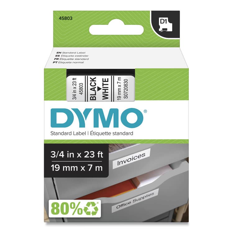 DYMO D1 High-Performance Polyester Removable Label Tape, 0.75" x 23 ft, Black on White (DYM45803)