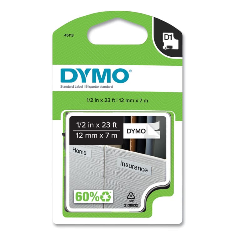 DYMO D1 High-Performance Polyester Removable Label Tape, 0.5" x 23 ft, Black on White (DYM45113)