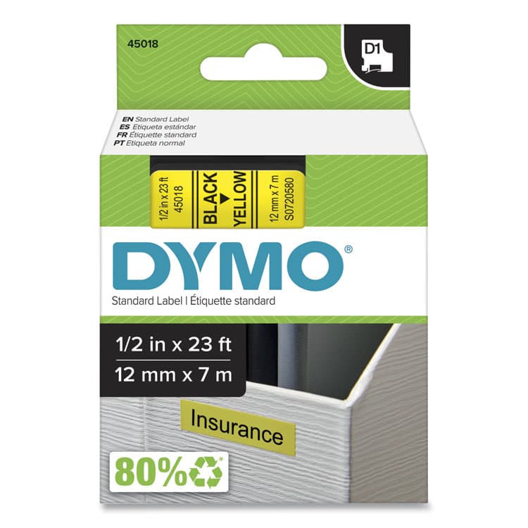 DYMO D1 High-Performance Polyester Removable Label Tape, 0.5" x 23 ft, Yellow (DYM45018)