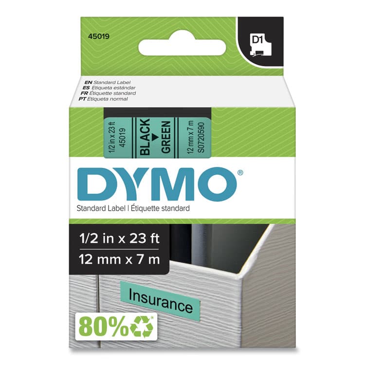 DYMO D1 High-Performance Polyester Removable Label Tape, 0.5" x 23 ft, Black on Green (DYM45019)