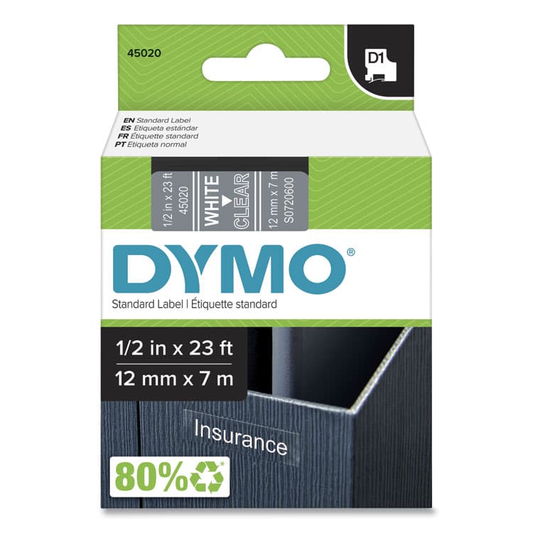 DYMO D1 High-Performance Polyester Removable Label Tape, 0.5" x 23 ft, White on Clear (DYM45020)