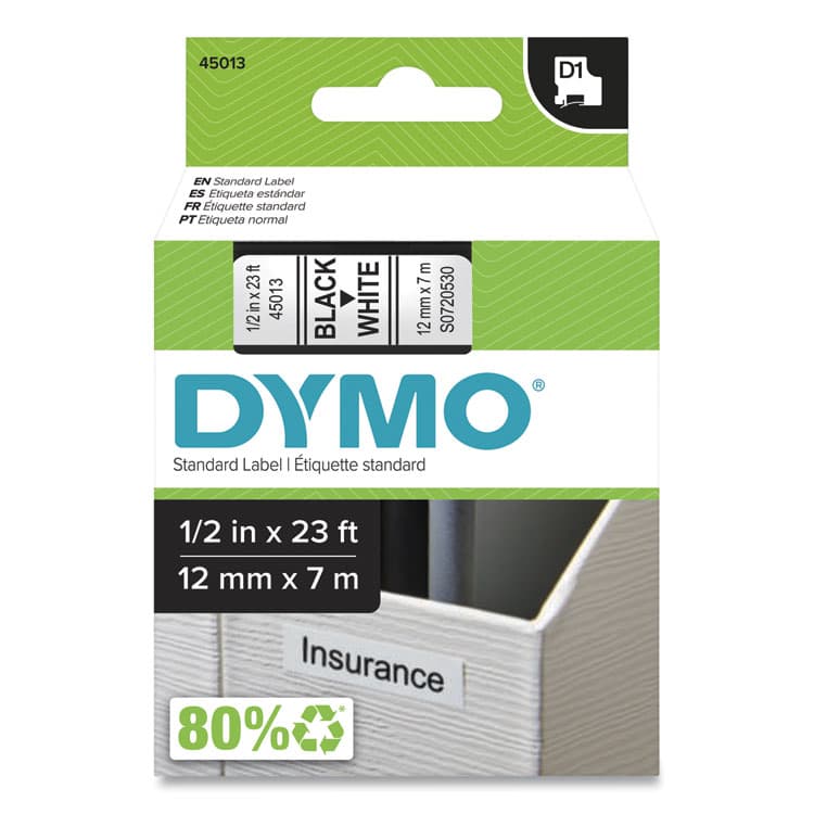 DYMO D1 High-Performance Polyester Removable Label Tape, 0.5" x 23 ft., Black on White (DYM45013)