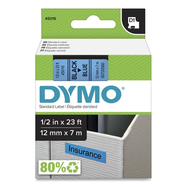 DYMO D1 High-Performance Polyester Removable Label Tape, 0.5" x 23 ft, Black on Blue (DYM45016)