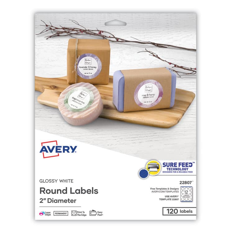 AVERY PRODUCTS CORPORATION Round Print-to-the Edge Labels with Sure Feed and Easy Peel, 2" dia, Glossy White, 120/PK (AVE22807)