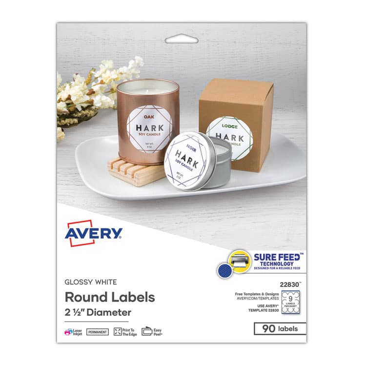 AVERY PRODUCTS CORPORATION Round Print-to-the Edge Labels with SureFeed, 2.5" dia, Glossy White, 90/PK (AVE22830)