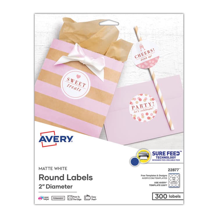 AVERY PRODUCTS CORPORATION Round Print-to-the Edge Labels with SureFeed and EasyPeel, 2" dia, Matte White, 300/Pack (AVE22877)