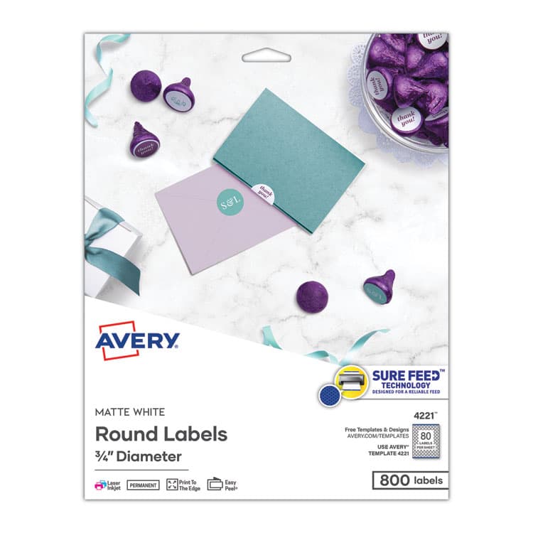 AVERY PRODUCTS CORPORATION Printable Self-Adhesive Permanent ID Labels w/Sure Feed, 0.75" dia, White 800/PK (AVE4221)